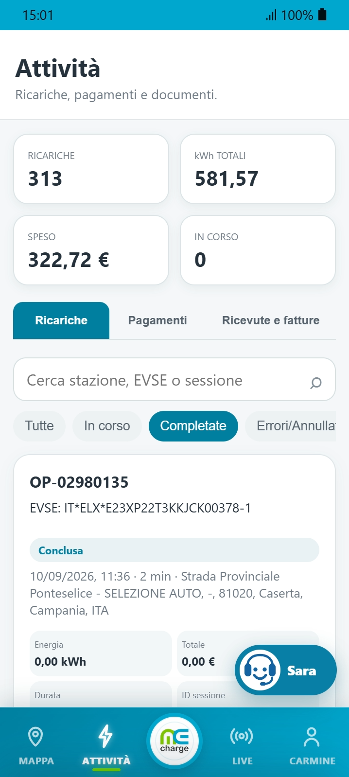 Storico delle ricariche MeCharge