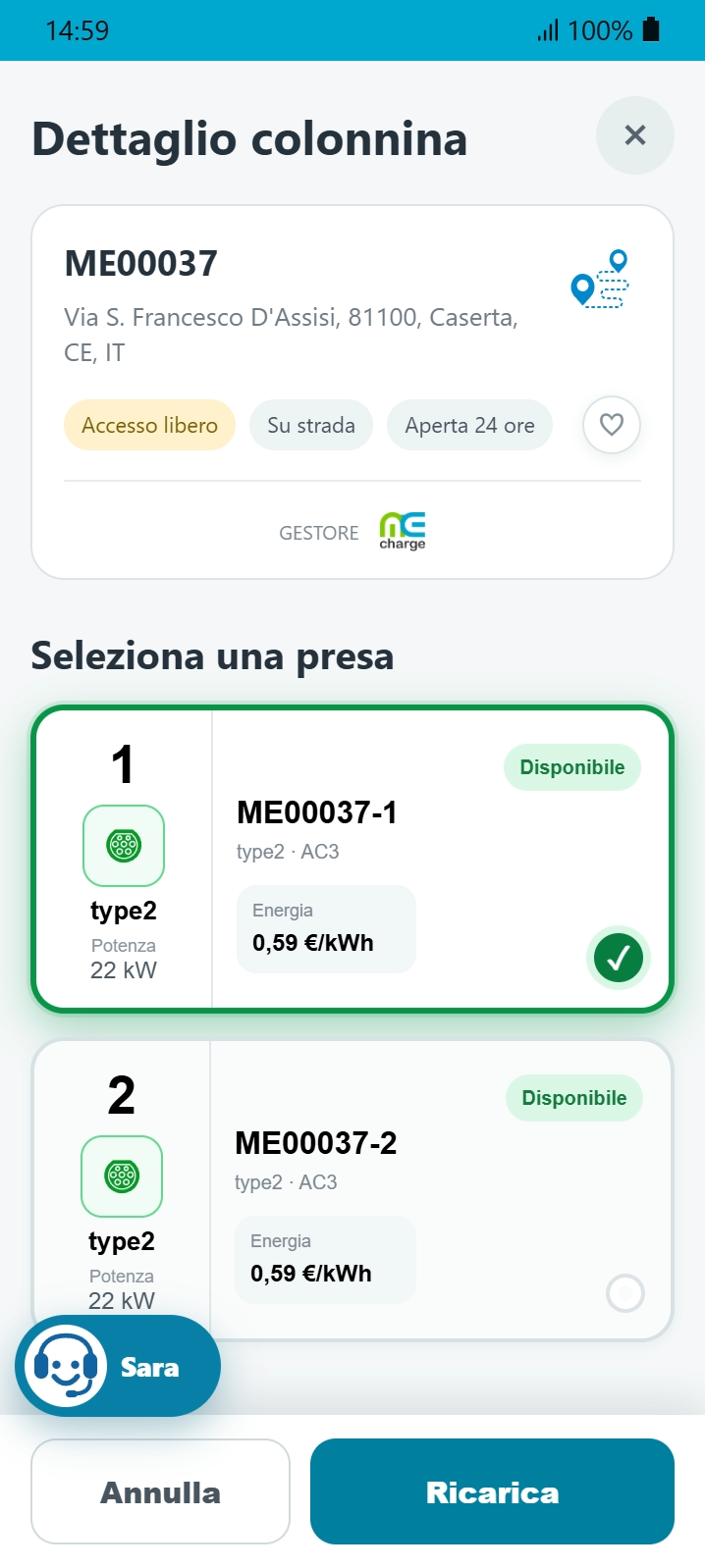 Dettaglio della colonnina e selezione della presa