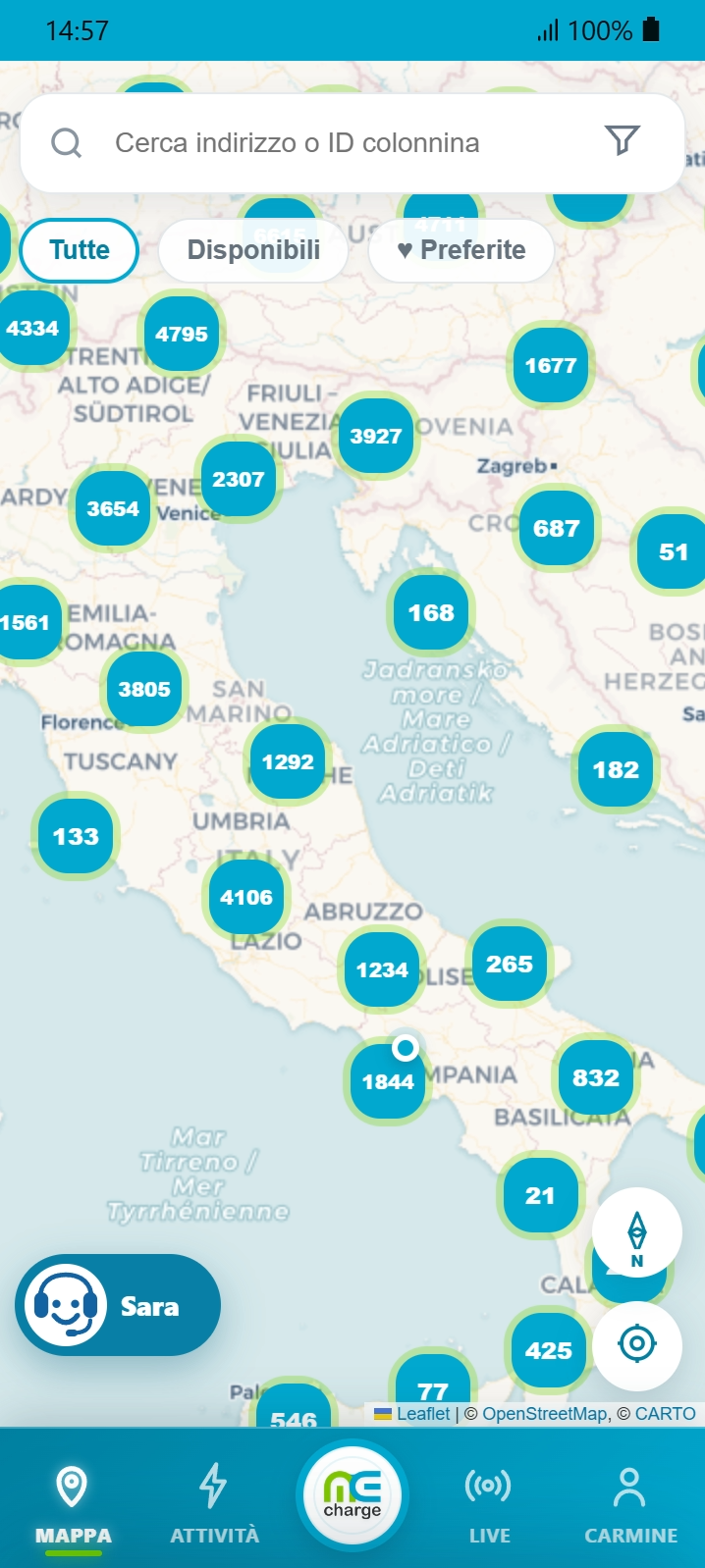 Mappa delle stazioni disponibili nell’app MeCharge