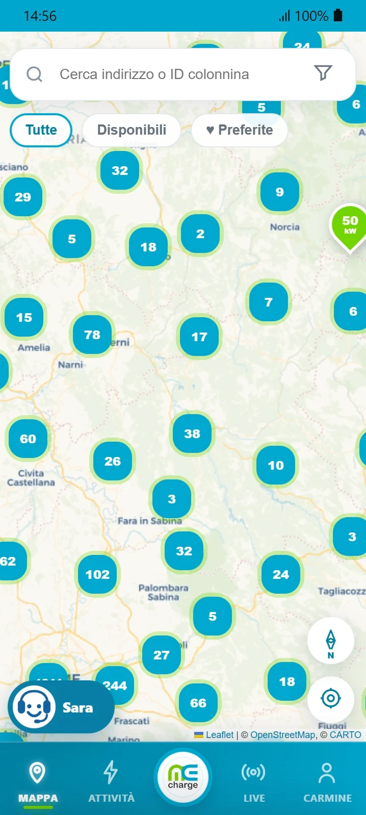 Ricerca delle colonnine sulla mappa MeCharge