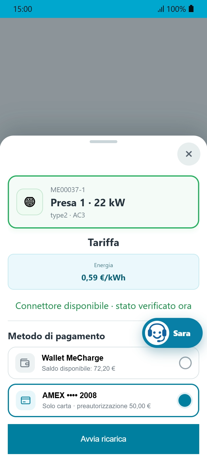 Scelta del pagamento e avvio della ricarica