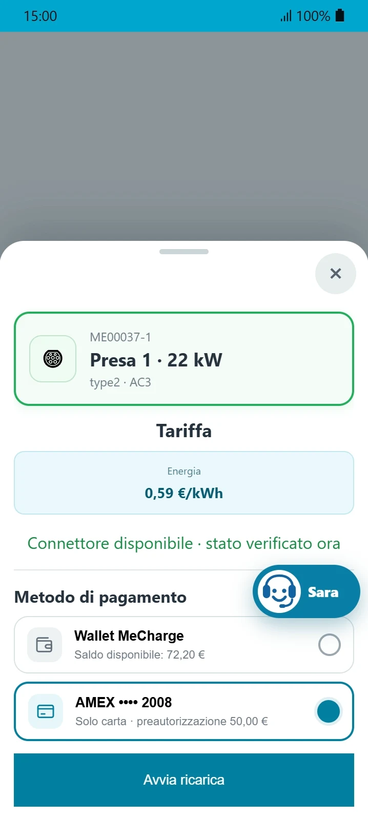 Scelta del pagamento e avvio della ricarica