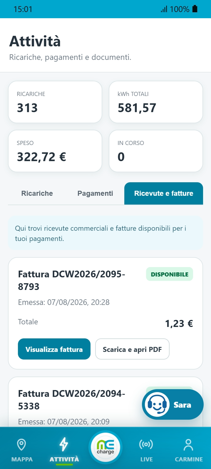 Ricevute e fatture nell’app MeCharge